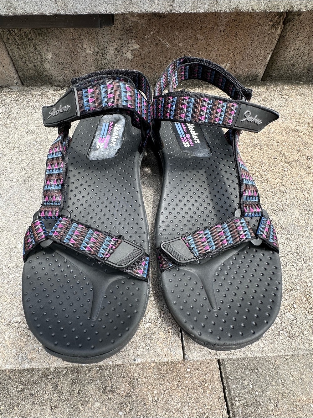 Skechers Black Sandals with Pink & Blue Patterned Straps